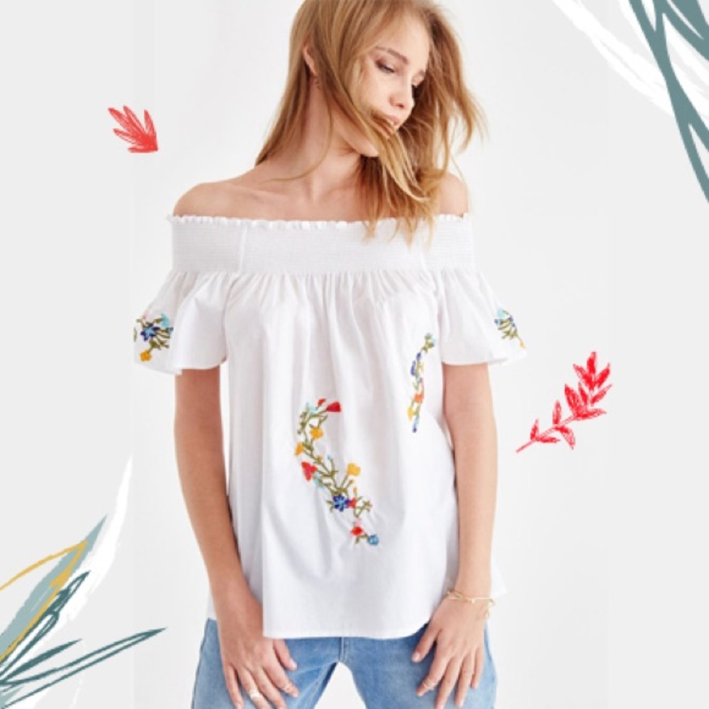 Tory Burch Eliza Off Shoulder Smocked Embroidered White Poplin Floral Top Size 8 - Picture 8 of 10